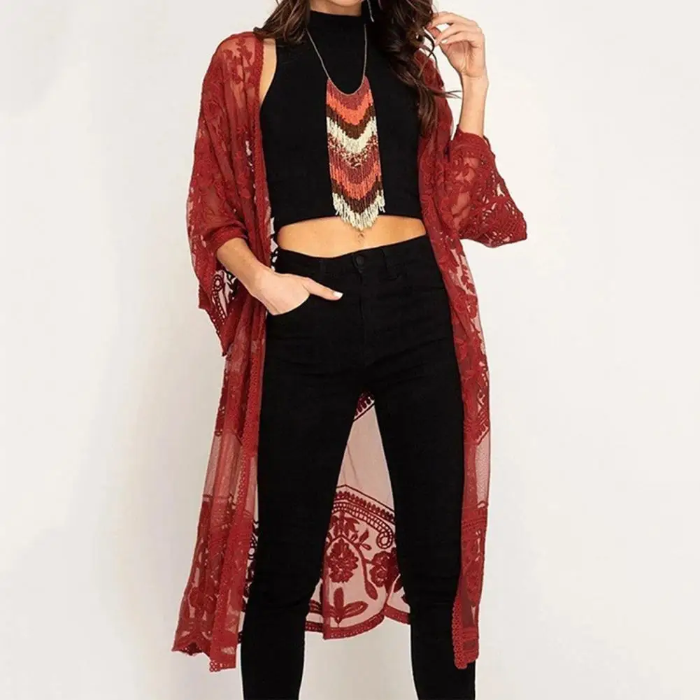 Ultra-thin Cardigan Elegant Lace Embroidered Women's Cardigan Stylish See-through Design Three Quarter Sleeves for Beach
Ultra-thin Cardigan Elegant Lace Embroidered Women's Cardigan Stylish See-through Design Three Quarter Sleeves for Beach
