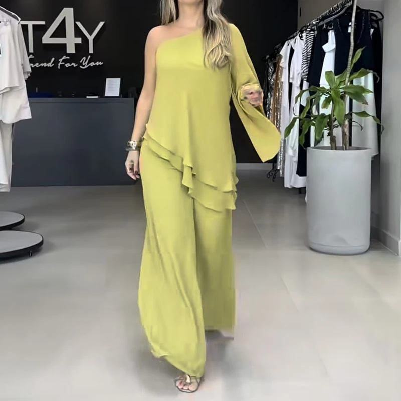 

Women 2024 Spring Solid Irregular Outfit Sexy Skew Collar Ruffle Top Pullover+Wide Leg Pants Suit Summer One-shoulder Hollow Set