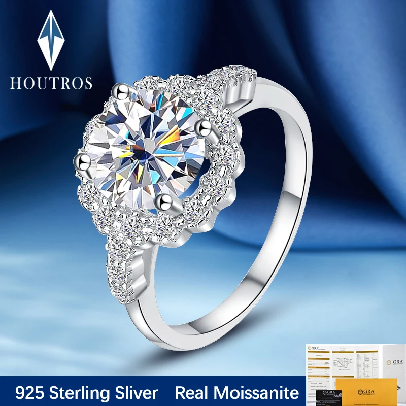 

Houtros 2CT Real Moissanite Wedding Band 925 Sterling Sliver 18K Gold Plated Flower Diamond Ring Anniversary Gift Fine Jewelry