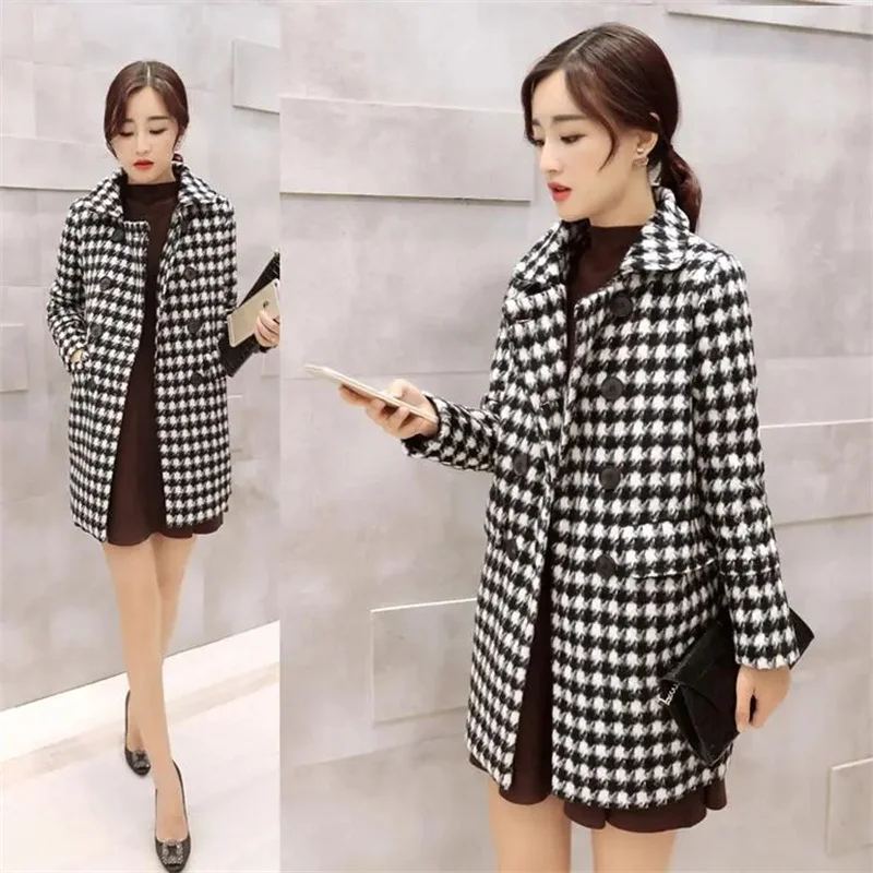 

Женское шерстяное пальто, Осень-зима, новое двубортное черно-белое клетчатое пальто средней длины, корейская модная шерстяная куртка 4XL