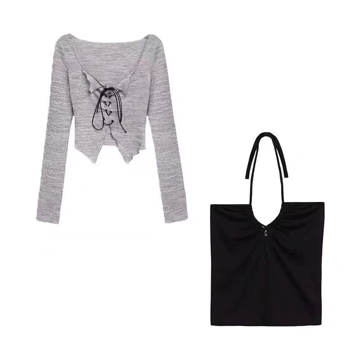 Two Pieces Sets T-shirt Women Spring Summer Long Sleeve Lace-up Crop Top Korean Fashion Preppy Style Slim Tops Tees Y2k Clothes Two Pieces Sets T-shirt Women Spring Summer Long Sleeve Lace-up Crop Top Korean Fashion Preppy Style Slim Tops Tees Y2k Clothes