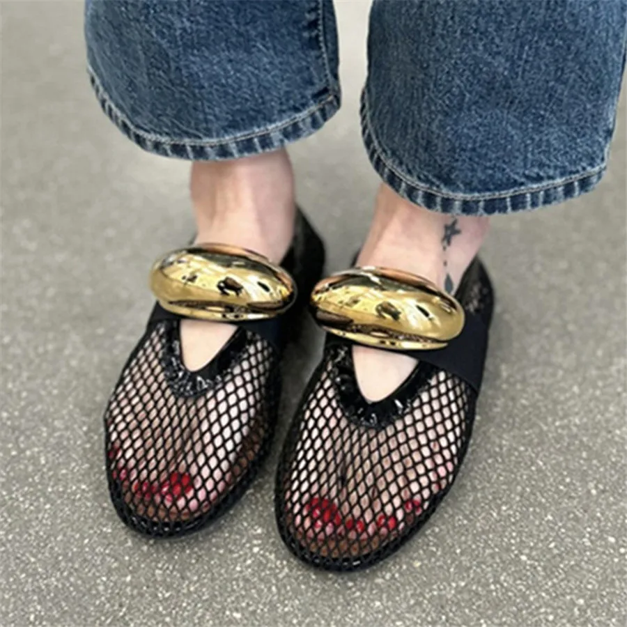 

2024 New Women Ballet Flats Hollow Out Mesh Walking Loafers Ladies Mary Janes Round Toe Dance Shoes Espadrilles Summer Sandals
