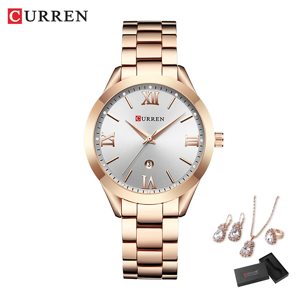 

CURREN Luxury Wristwatches for Women Stainless Steel Bracelet Rhinestones Bling Dail Elegant Ladies Watch Gift Jewelry Set 5pcs