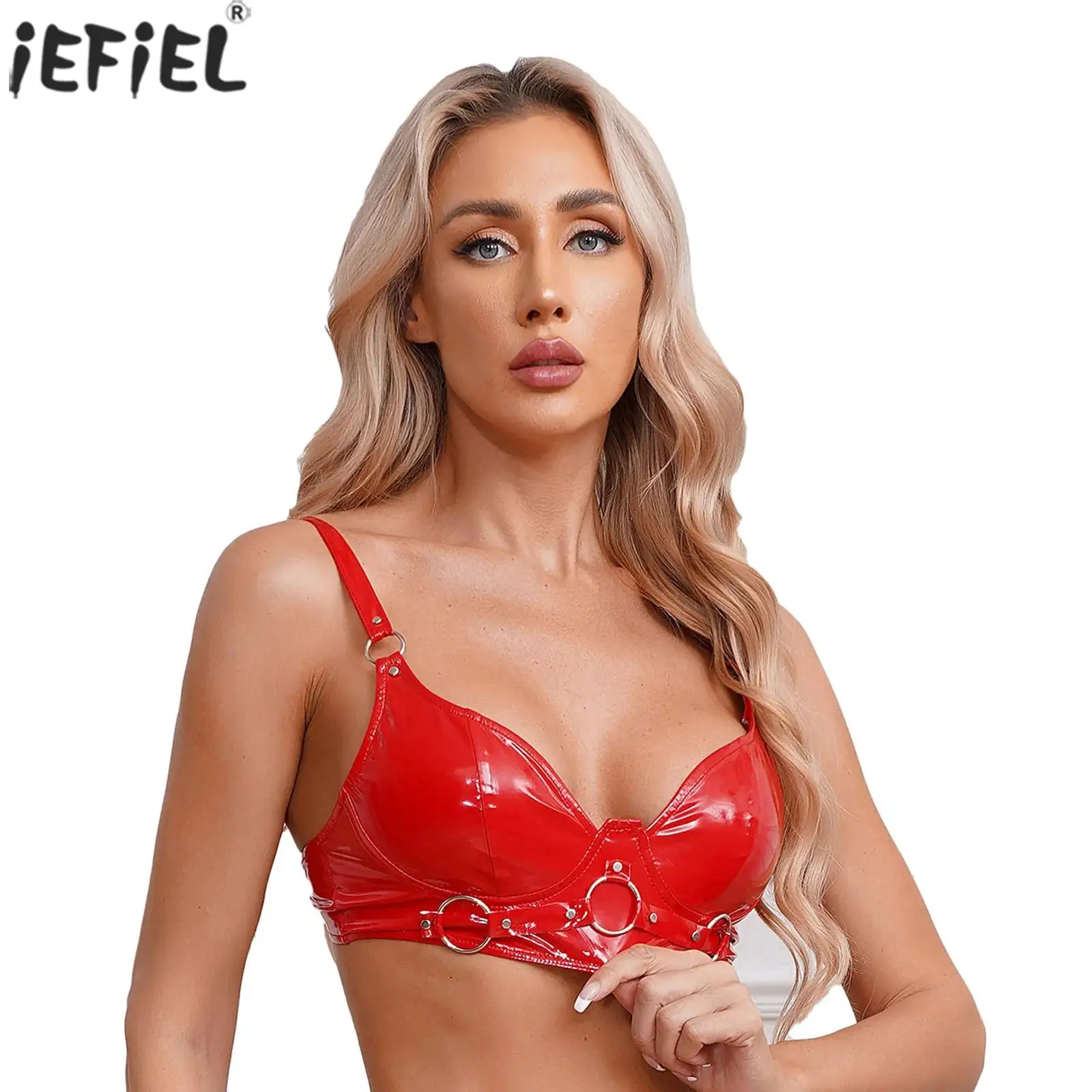 

Womens Glossy Patent Leather Bra Top Wire-Free Brassiere Push Up Bralette Adjustable Shoulder Straps Bra Nightclub Rave Costume