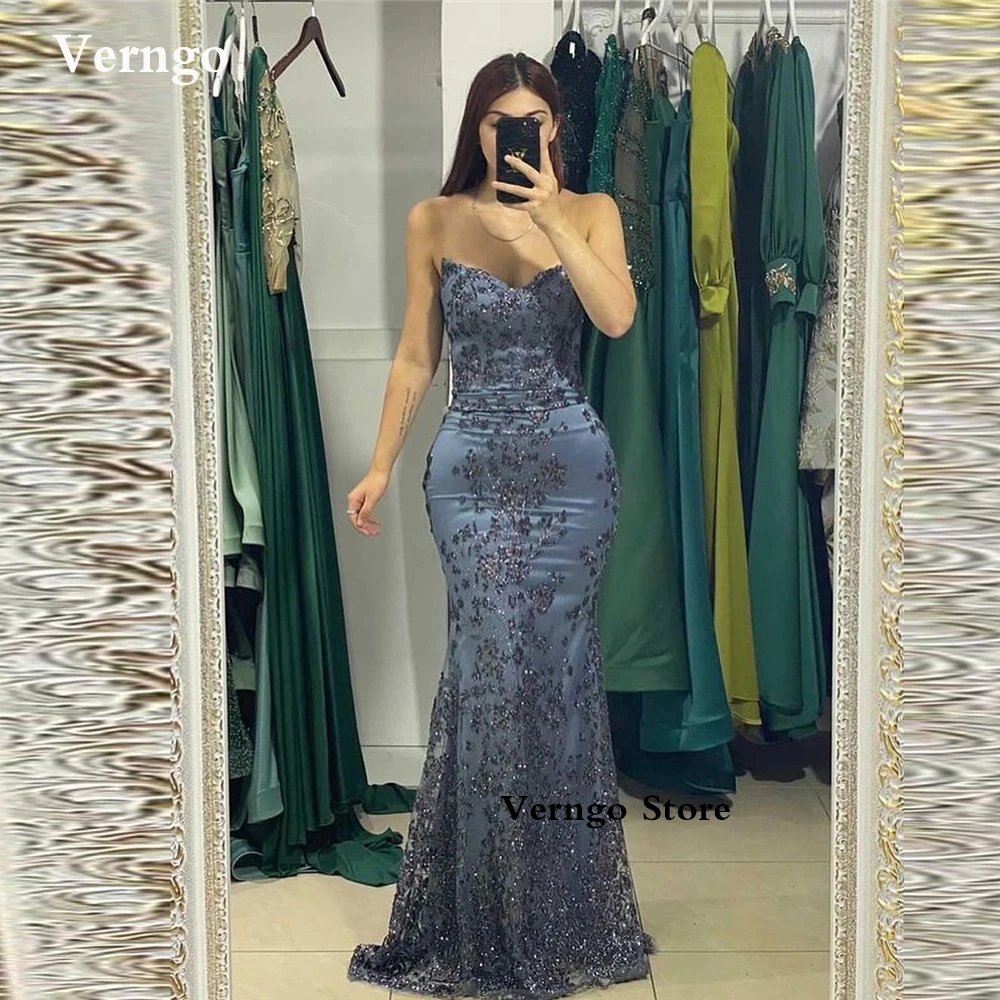 

Verngo Shiny Mermaid Lace Beads Evening Dresses Sweetheart Dusty Blue Prom Gowns Dubai Arabic Women Formal Occasion Dress