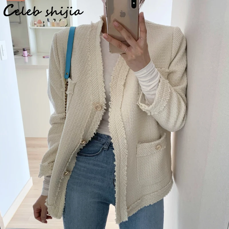 SHIJIA Elegant Tweed Jacket Woman Autumn Winter Single Breasted V-neck Cropped Jacket Female Fall New Full Sleeve Business Coat 
SHIJIA Elegant Tweed Jacket Woman Autumn Winter Single Breasted V-neck Cropped Jacket Female Fall New Full Sleeve Business Coat