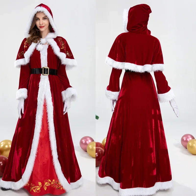 

2023 Velvet Deluxe Classic Mrs. Claus Christmas Costume Xmas Party Santa Claus Cosplay Women Red Dress Suit Santa Claus Sweet