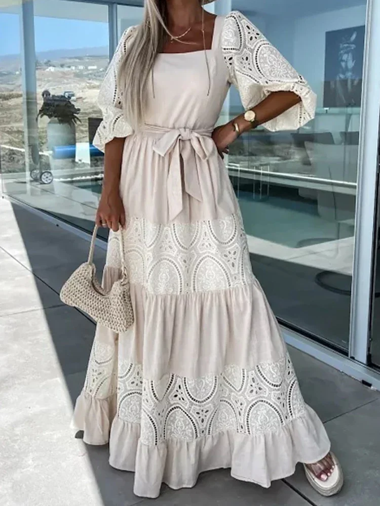 2024 Summer Women Lace Patchwork Loose Casual Beach Dress Female Elegant Retro Square Neck Tie-Up Ruched Long Dress Ladies OFE09
2024 Summer Women Lace Patchwork Loose Casual Beach Dress Female Elegant Retro Square Neck Tie-Up Ruched Long Dress Ladies OFE09