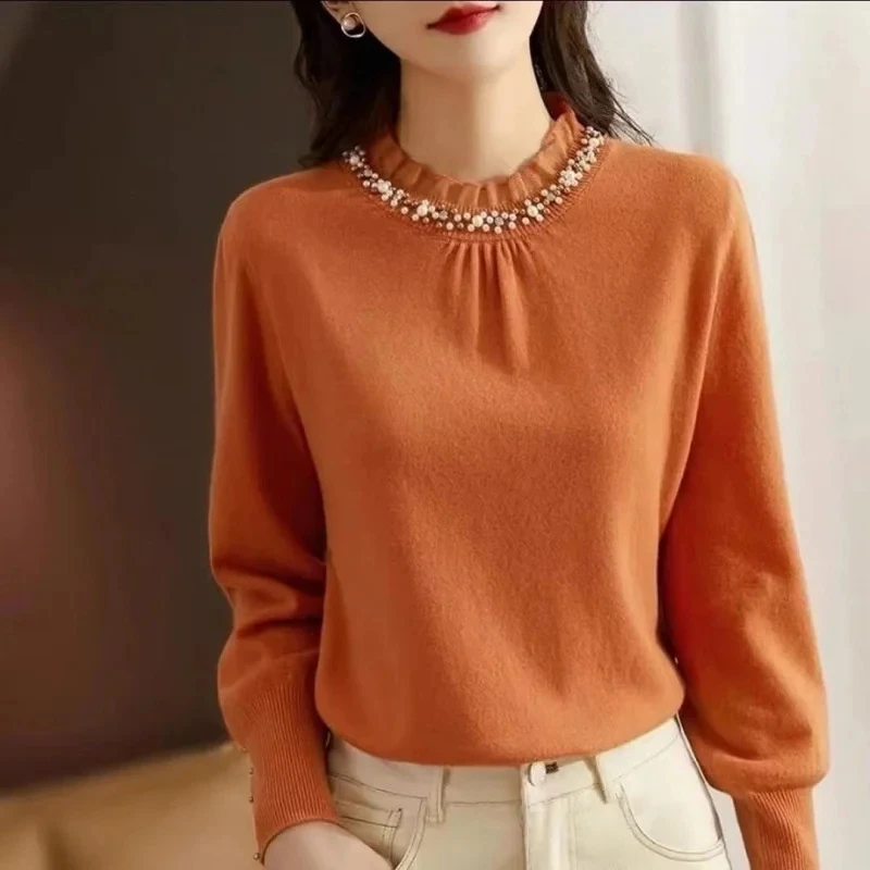 

Spring Autumn New Pullover Lace Studded Knitted Bottom Sweater Women Long Sleeve Loose All-Match Casual Knitwear Female Jumper
