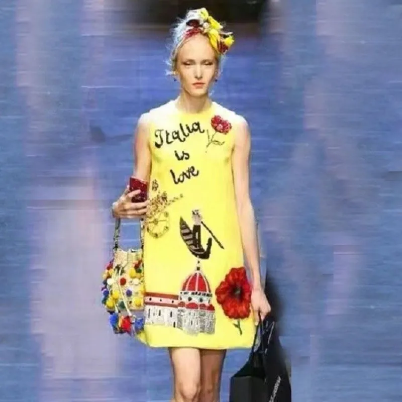 Luxury High Quality Women Slim Vest Skirt Dress Hand-made Beaded Patch Embroidered Lady Sleeveless Yellow Dresses A- Line Robe
Luxury High Quality Women Slim Vest Skirt Dress Hand-made Beaded Patch Embroidered Lady Sleeveless Yellow Dresses A- Line Robe