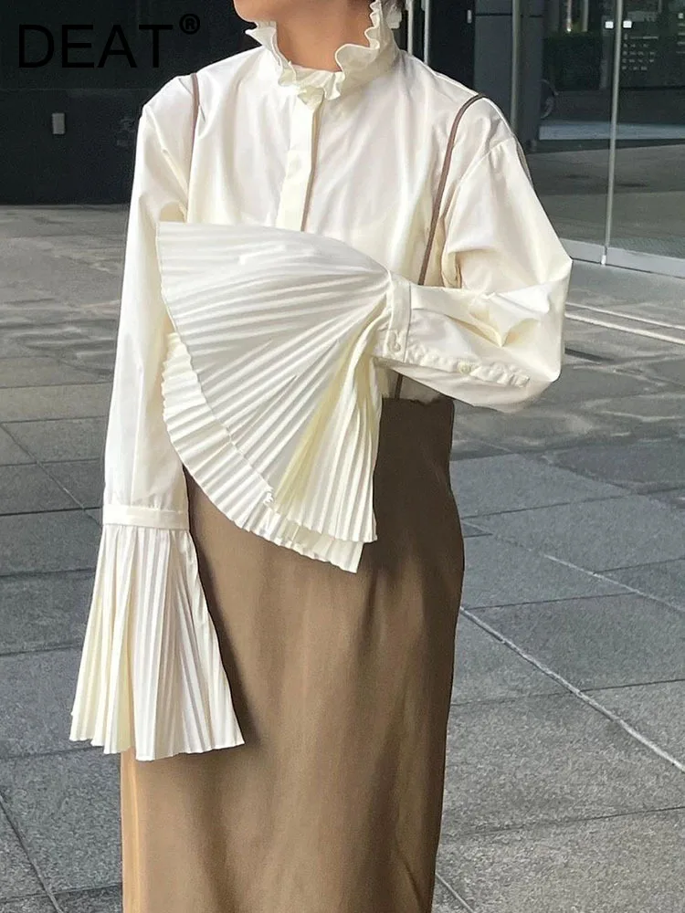 

DEAT Fashion Women's Shirt Pleated High Collar Long Flare Sleeve Single Breasted Loose Apricot Blouse Summer 2024 New 7AB3260