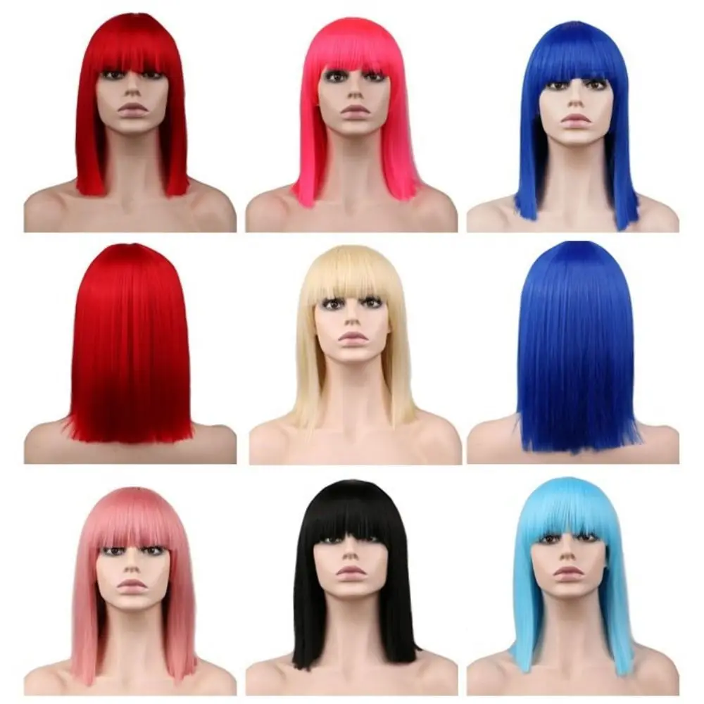 

Synthetic short bob straight hair with trimmable bangs Lolita Ombre pink red blue purple cosplay wig for women short wigs