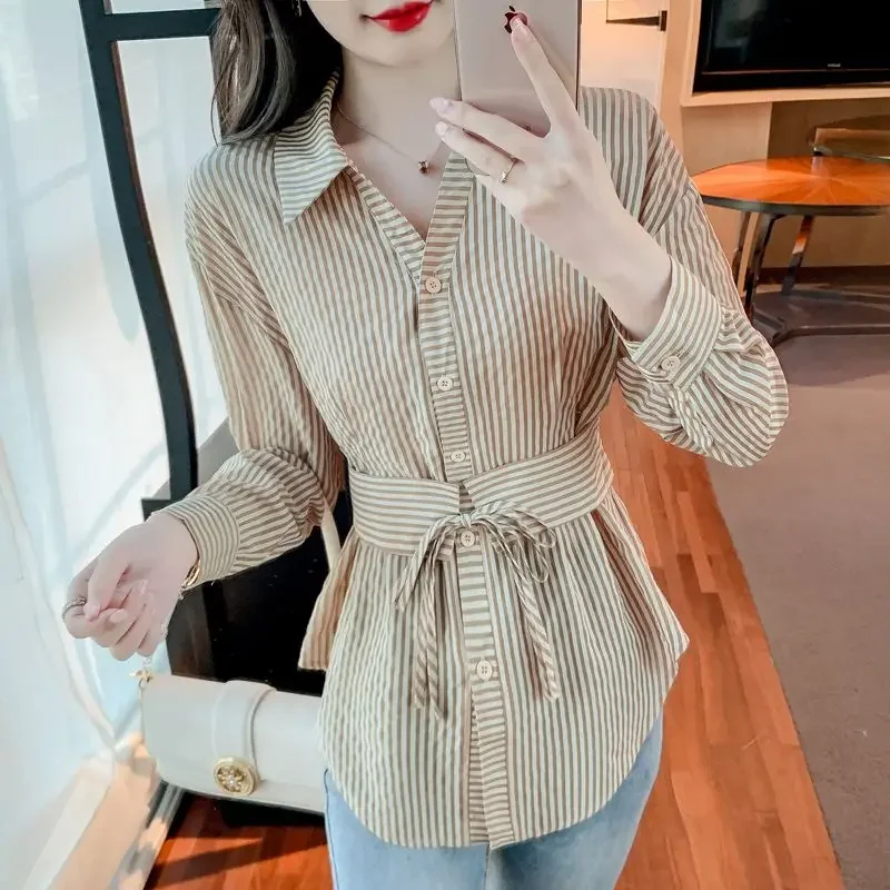 Women Korean Fashion Striped Lace Up Button Shirts Casual Long Sleeve Slim Fit Blouses Elegant Chic Tops Blusa Mujer Moda Z738
Women Korean Fashion Striped Lace Up Button Shirts Casual Long Sleeve Slim Fit Blouses Elegant Chic Tops Blusa Mujer Moda Z738