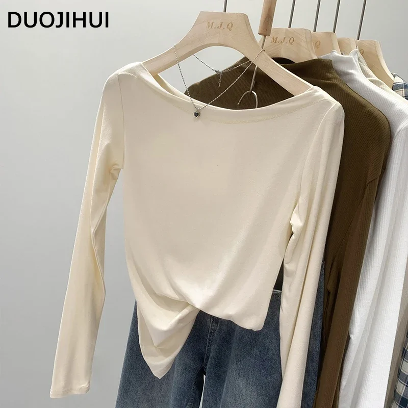 

DUOJIHUI Apricot Sexy Chicly Slash Neck Loose Women T-shirts Autumn Casual Pure Color Fashion Long Sleeve Simple Female T-shirts