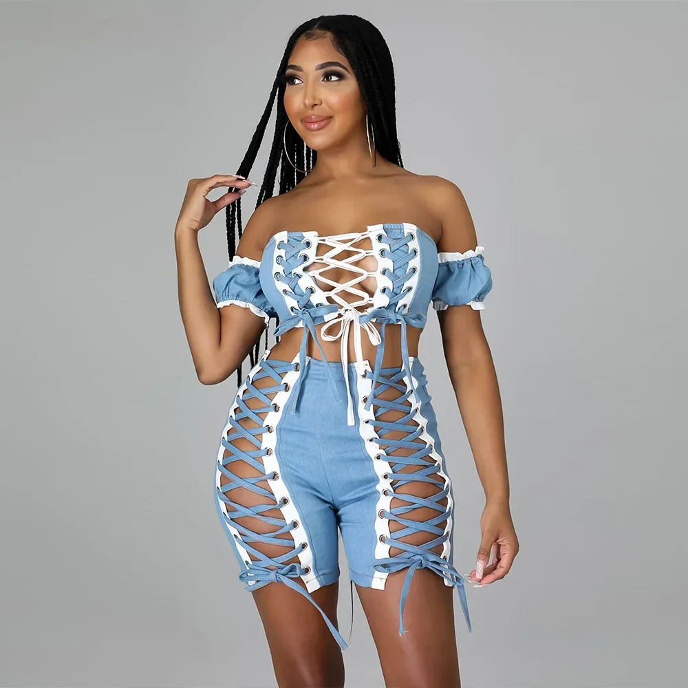

Women Summer Fashion Sexy Nightclub Hollowed Out Bandage Line Shoulder Thin Tight Shorts Two Piece Set