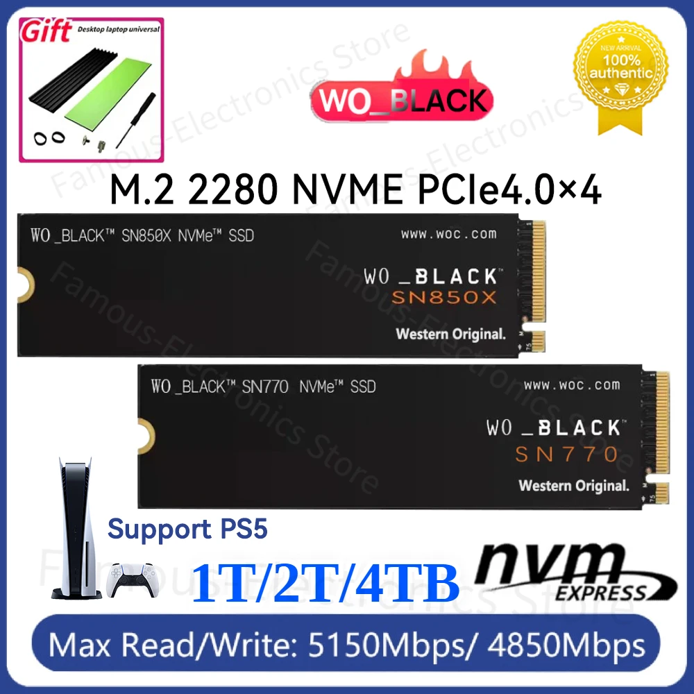 

Western Original WO BLACK SN770 NVMe M2 SSD 2TB 1TB 500GB Internal Gaming Solid State Drive Gen4 PCIe M.2 2280 for PS5 Laptop PC