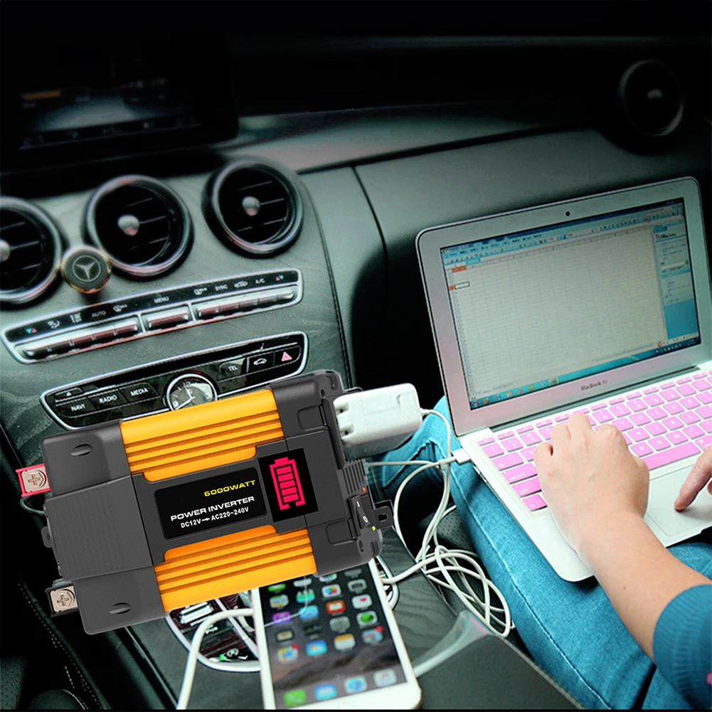 Any 12V Power Output Vehicle. Battery Clip Car Power Inverter 6000W Peaks Power Dual USB Ports LED Bettery Dispaly
Any 12V Power Output Vehicle. Battery Clip Car Power Inverter 6000W Peaks Power Dual USB Ports LED Bettery Dispaly