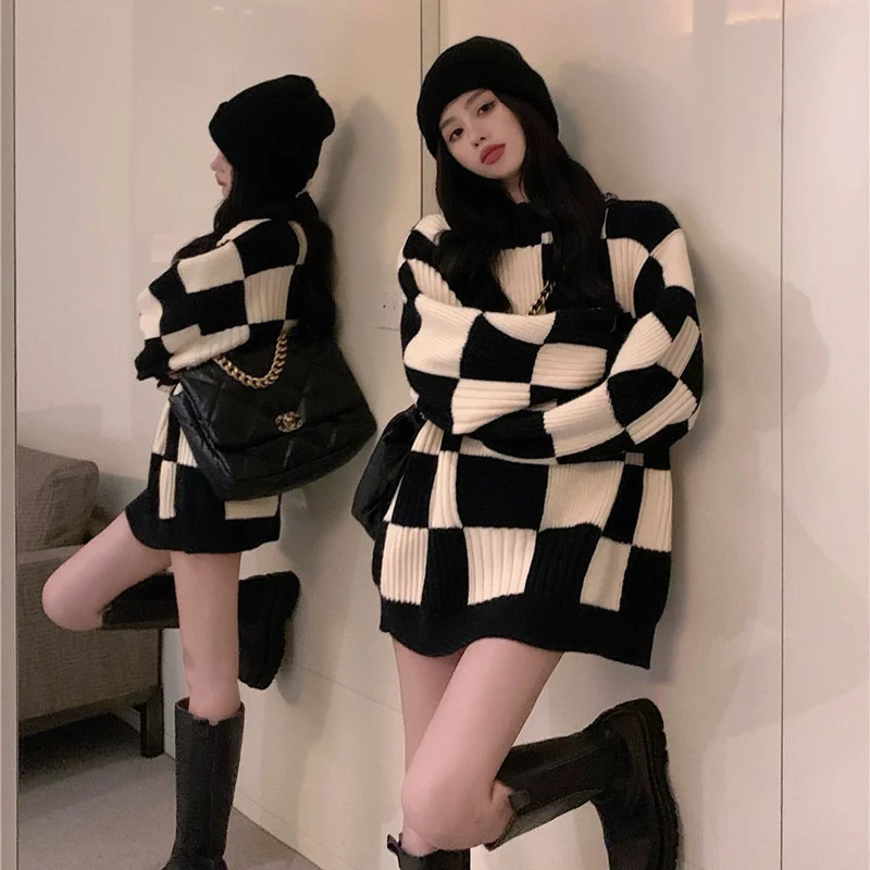 

2023 Checkerboard Sweater Women's 2023 Autumn/Winter New Design Feel Loose Top, Retro Japanese Lazy Style Pullover Soft Knit