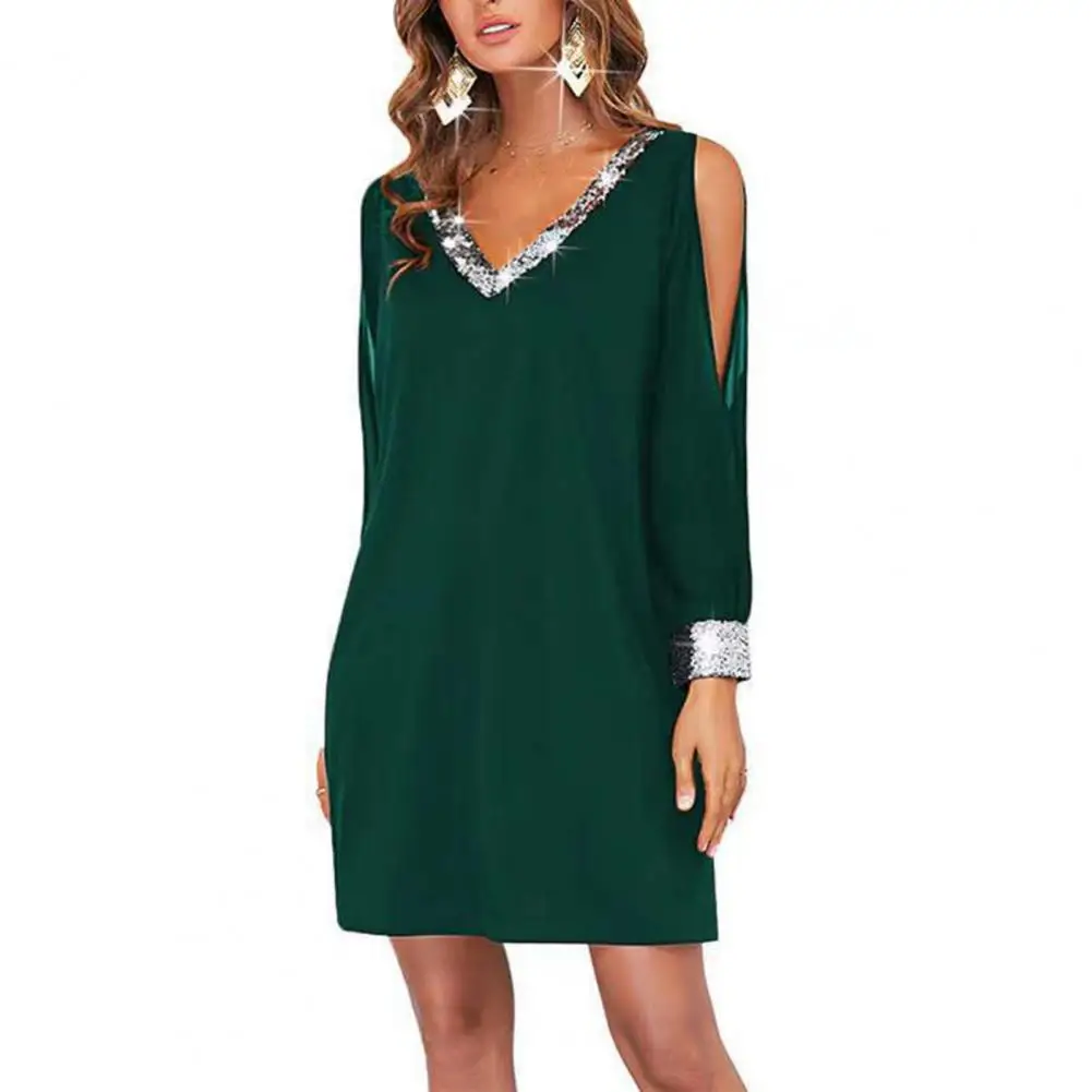 Women Dress Contrast Color Dress Sequin Mesh Off Shoulder Mini Dress V Neck Hollow Out Above Knee Length Loose Pullover Lady
Women Dress Contrast Color Dress Sequin Mesh Off Shoulder Mini Dress V Neck Hollow Out Above Knee Length Loose Pullover Lady