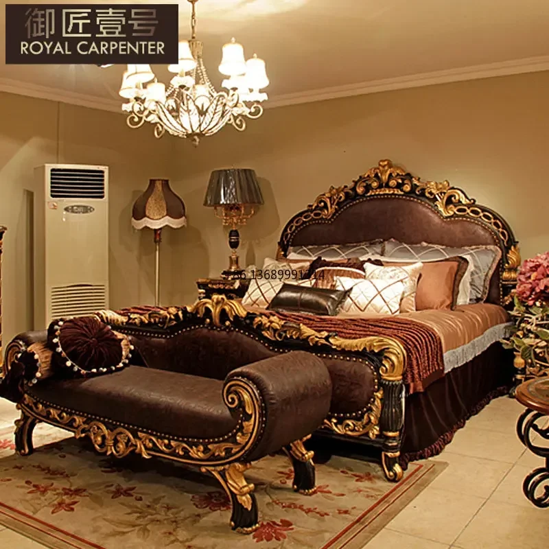 

Luxury European villa furniture, solid wood carved leather, 1.8m double master bedroom marriage bed