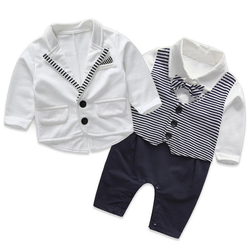 

2Piece Sets Spring Autumn Newborn Boys Clothes Gentleman Fashion Stripe Long Sleeve Coat+Jumpsuit Baby Boutique Clothing BC1148