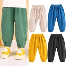 Summer Korea Children Pants Casual Girls Boys Cotton Linen Solid Color Loose Pleated Pant Trousers Girls Hight Waist Harem Pants