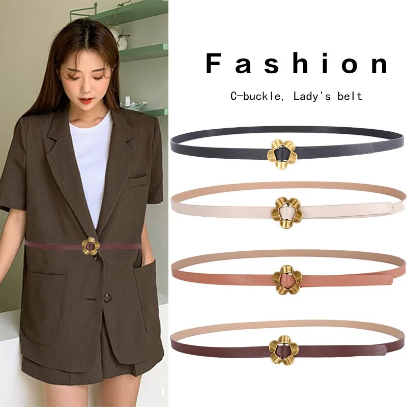 

ZLY 2024 New Fashion Belt Women Slender Type PU Leather Material 105CM Golden Metal Flower Decoration Buckle Luxury Casual Belt