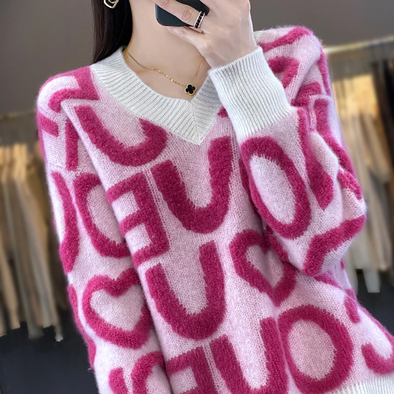 100% Merino Wool Fashion Knitting Jacquard Contrast Top Casual Loose Female V-Neck Pullover Korean 2023 Autumn and Winter
100% Merino Wool Fashion Knitting Jacquard Contrast Top Casual Loose Female V-Neck Pullover Korean 2023 Autumn and Winter