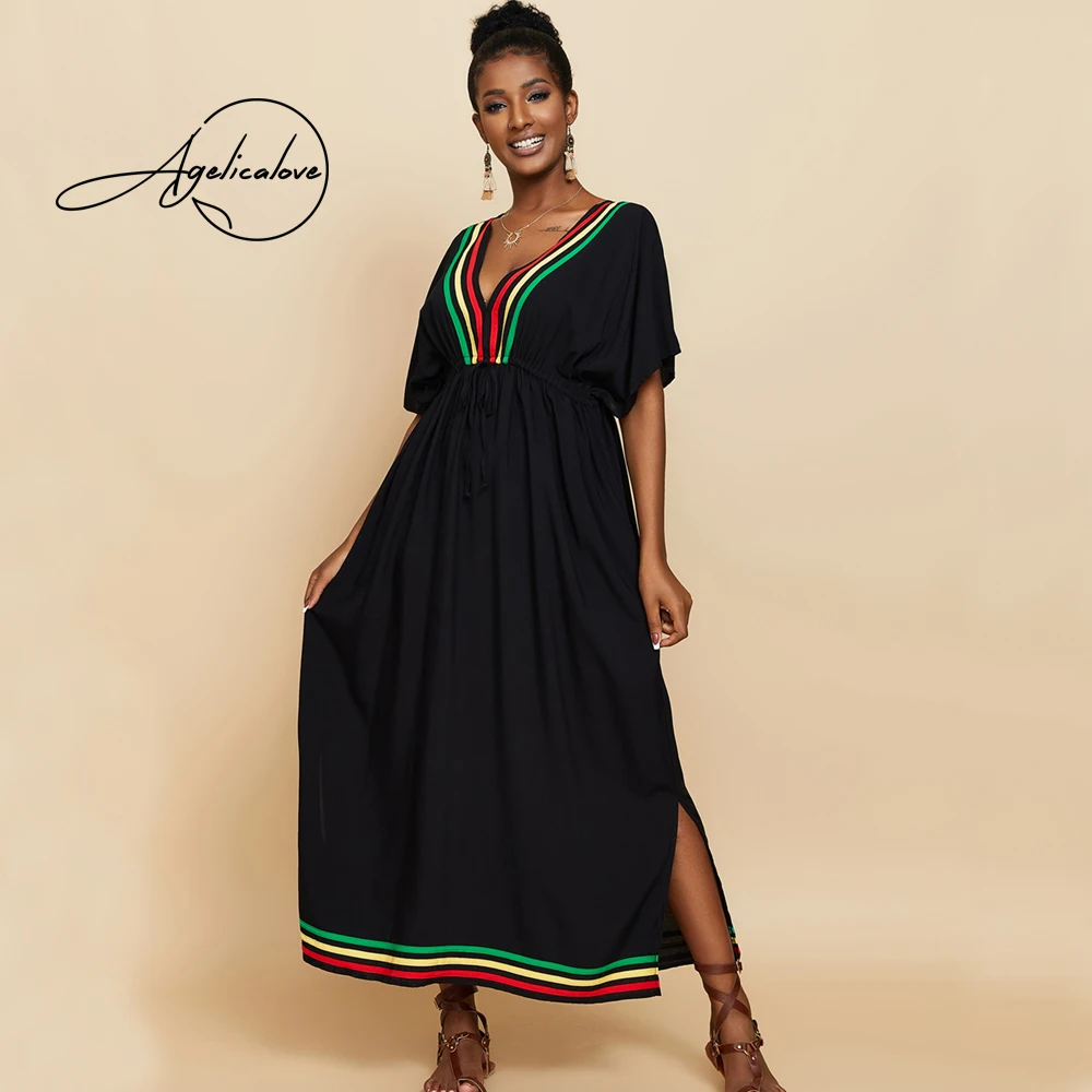 AGELICALOVE Casual Smock V Neck Ruffles High Waist Drawstring Swing Maxi Dress Women Beach Wear Cover Up Robe
AGELICALOVE Casual Smock V Neck Ruffles High Waist Drawstring Swing Maxi Dress Women Beach Wear Cover Up Robe