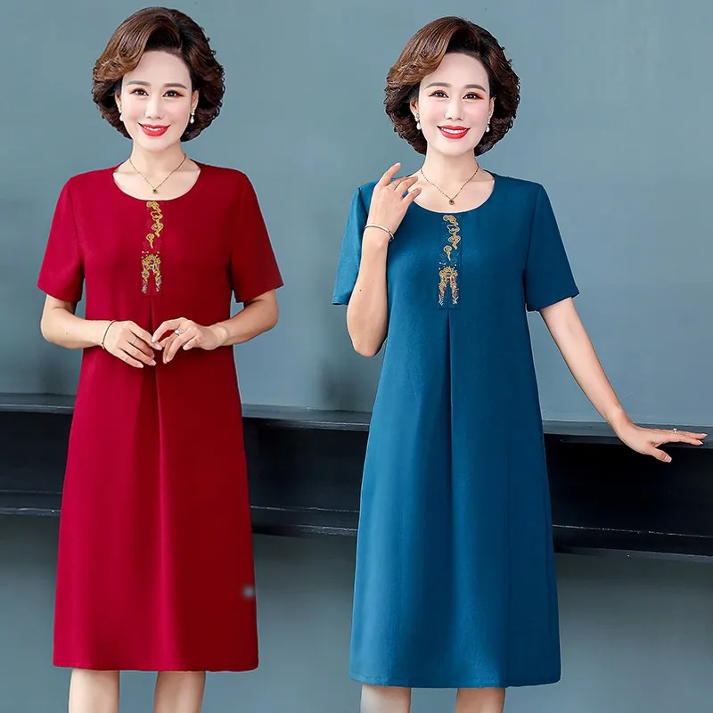 

Summer Loose middle-aged mother Vintage Midi Dress embroidery Casual Solid office lady Dress Elegant Bodycon Party Vestidos