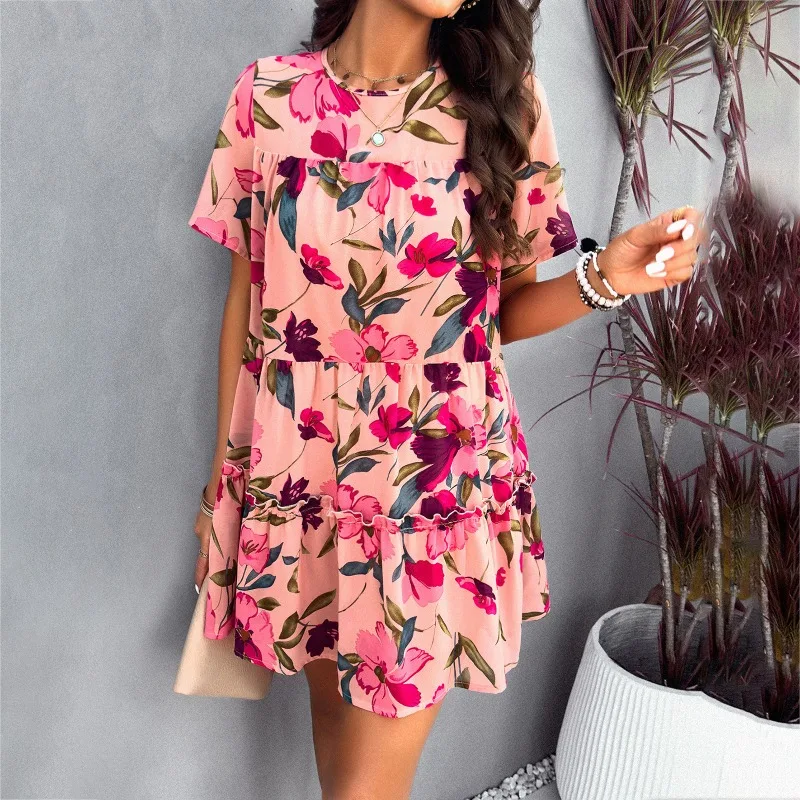 

2024 Summer New Dresses for Women Temperament Commuting Female Clothing Vacation Style Women's Casual Printed Short Sleeve Dress