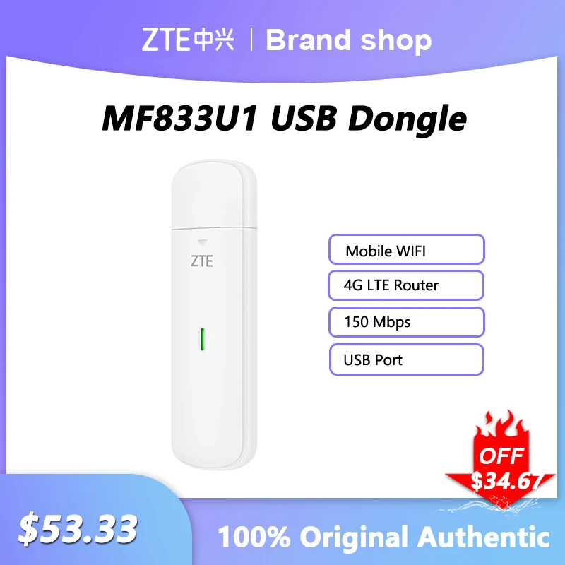 

ZTE MF833U1 4G LTE Wireless Router USB Dongle Mobile Broadband 150Mbps Modem Pocket Hotspot With Sim Card Slot For Home Office