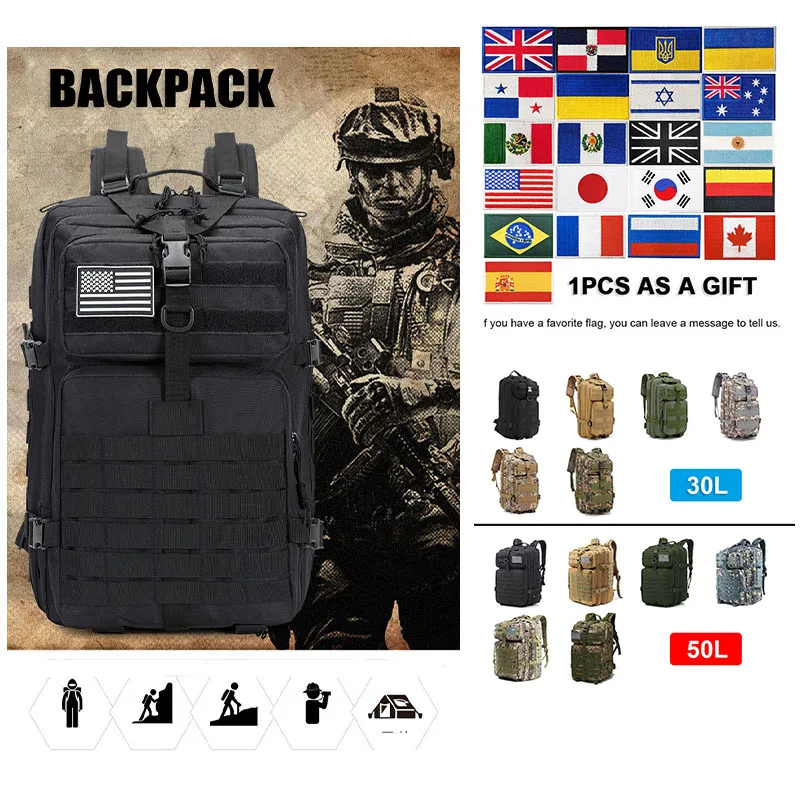 

30L/50L Tactical Backpack Men 900D Nylon Military Hiking Bag Outdoor Travel Rucksack Army Outdoor Camping Trekking Hunting Bag