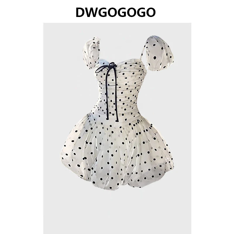 

French Vintage Polka Dot Puffy Sleeve Dress Women's Spring Summer 2024 New Beach Style Square Collar Dress