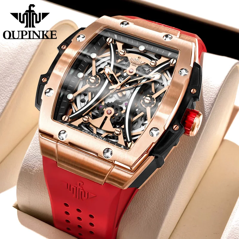 

OUPINKE Luxury Automatic Mechanical Watch for Men Silicone Strap Hollow Out Dial Imported Brand Movement Sapphire Mirror Watches