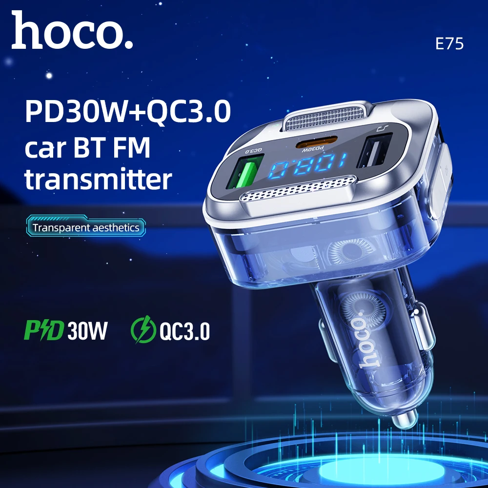 

HOCO E75 Transparent PD30W QC3.0 Car Bluetooth 5.0 FM Transmitter Handsfree Car Radio Modulator MP3 Player Support AUX FM Output