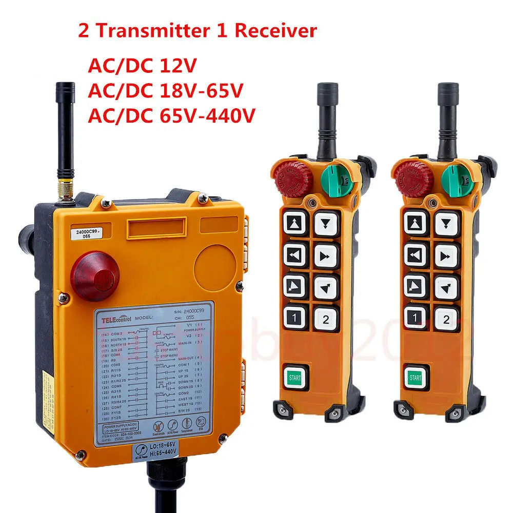 Industrial Radio Wireless Remote Control with 2 Transmitter + 1 Receiver of 8 Keys and 12V/18-65V / 65-440V Optional Kit
Industrial Radio Wireless Remote Control with 2 Transmitter + 1 Receiver of 8 Keys and 12V/18-65V / 65-440V Optional Kit