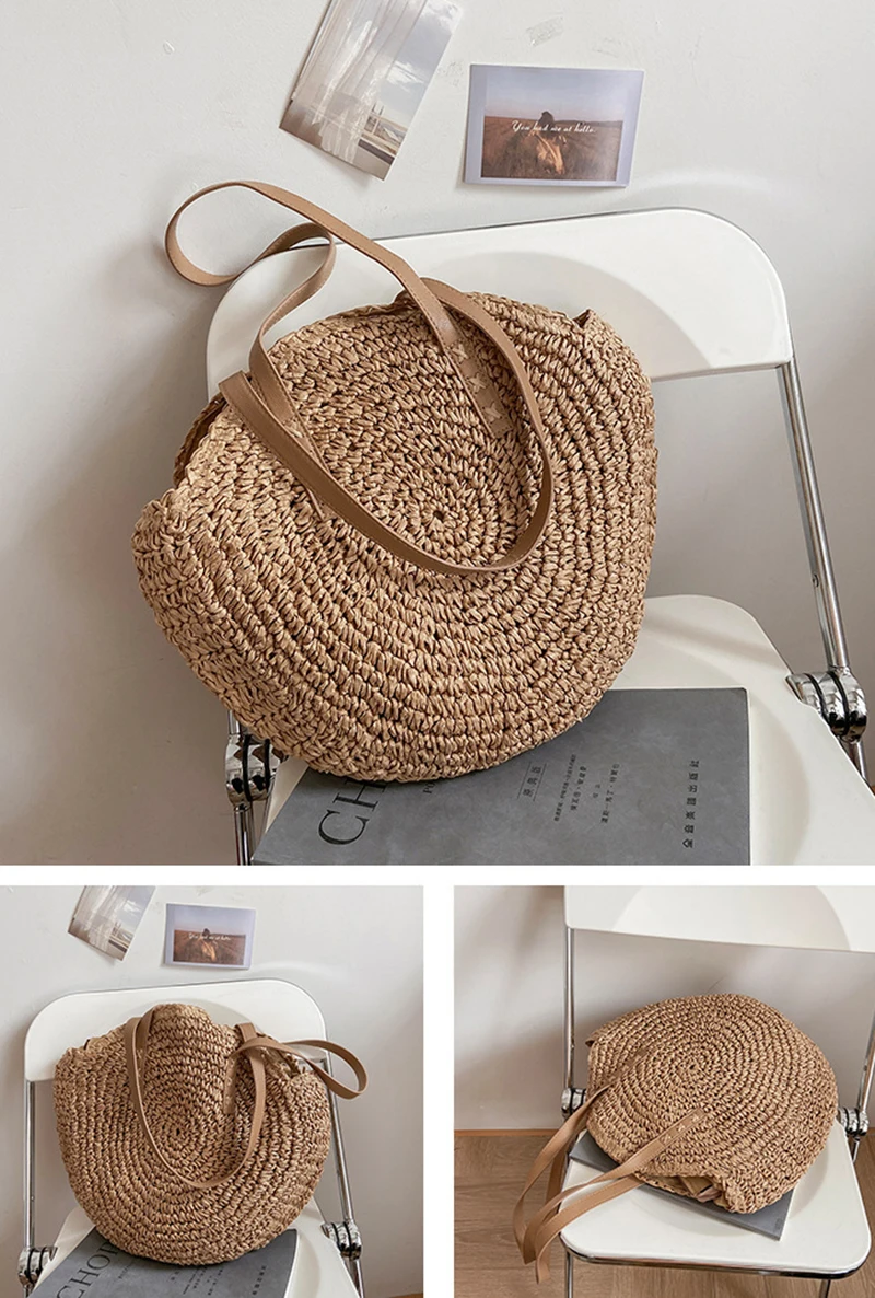 Round Woven Straw Beach Bag - Travel Tote 22 S2300af953d0d48e88d6c90f4d9fec702z
