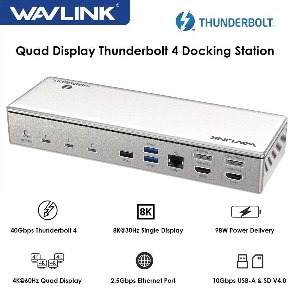 

WAVLINK Thunderbolt 4 Quad Display Dock 2.5G 40Gbps Docking Station Single 8K@30Hz Quad 4K@60Hz With 98W Laptop Charging For Mac
