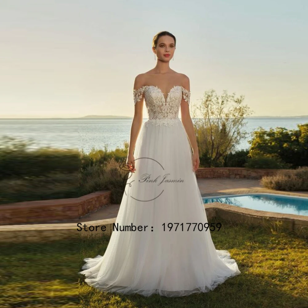 

2024 Ivory Boat Neck Short Sleeves Wedding Dresses For Women Bride Gowns Court Train A-Line Sexy Back Applique Tulle vestidos de