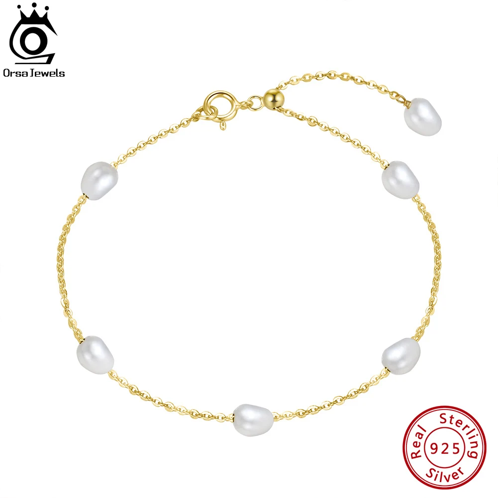 

ORSA JEWELS 925 Sterling Silver Adjustable Design Bracelet with Natural Freshwater Pearl Chain 14K Gold for Women Jewelry GPB08
