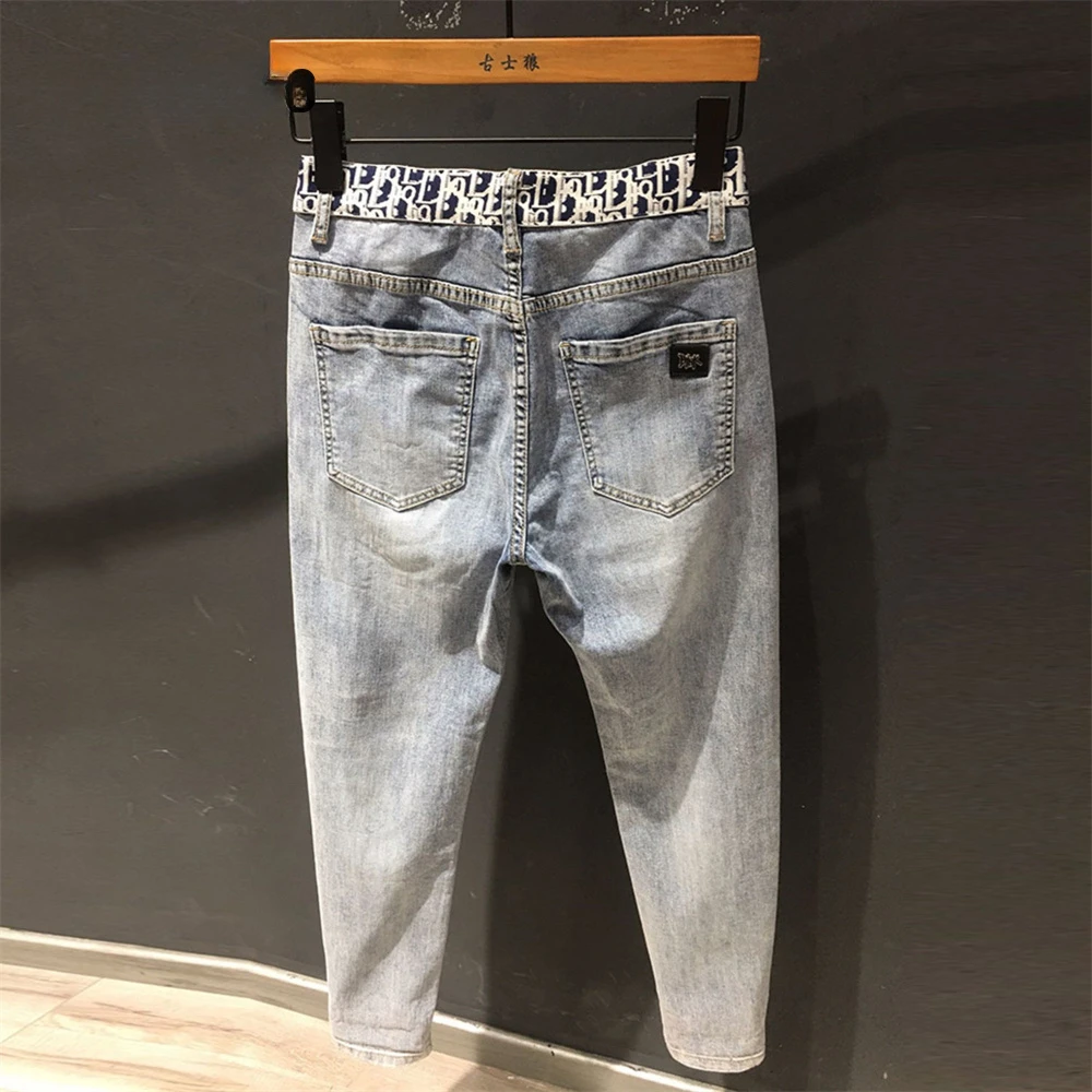 

Ripped Denim jeans 2023 men's trendy brand loose summer thin elastic feet pants men's Korean harem teenagers cropped pants