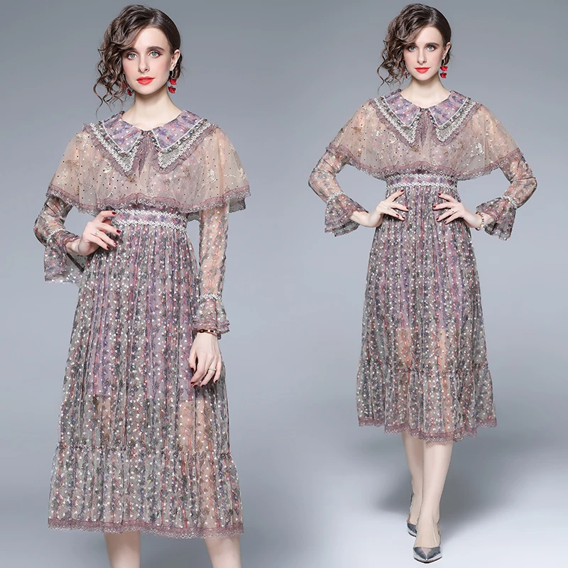 Women French Sweet Peter Pan Collar Cloak Sleeve Heart Flower Embroidered Mesh Slim Lace A-line Elegant Dress Vestidos
Women French Sweet Peter Pan Collar Cloak Sleeve Heart Flower Embroidered Mesh Slim Lace A-line Elegant Dress Vestidos