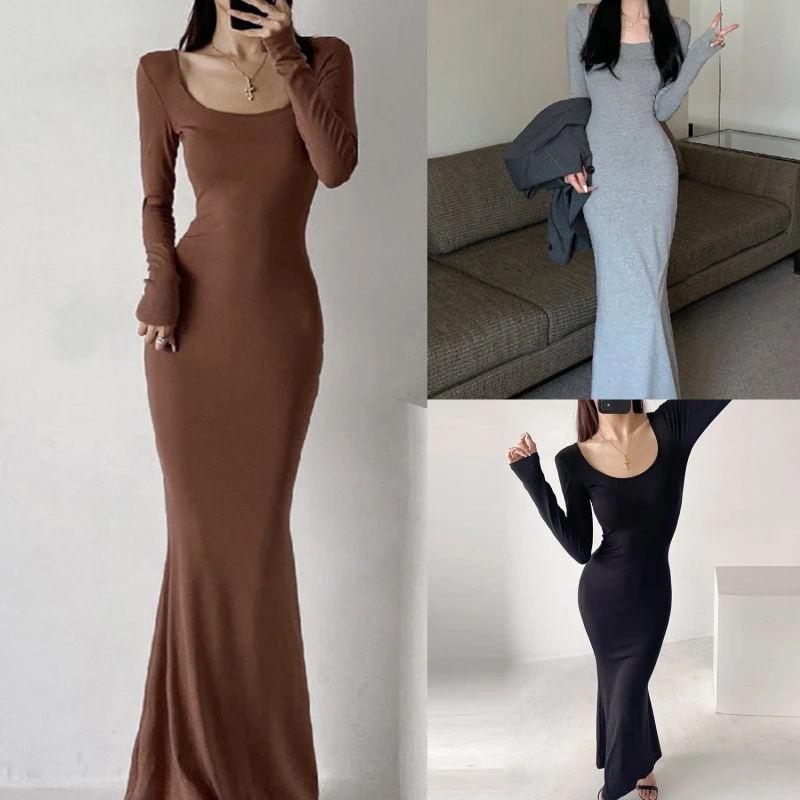 Sexy Solid Fishtail Dress Women Fashion Slim U-Neck Long Sleeve Thin Vestidos Spring New Elegant Basic Female Dresses
Sexy Solid Fishtail Dress Women Fashion Slim U-Neck Long Sleeve Thin Vestidos Spring New Elegant Basic Female Dresses