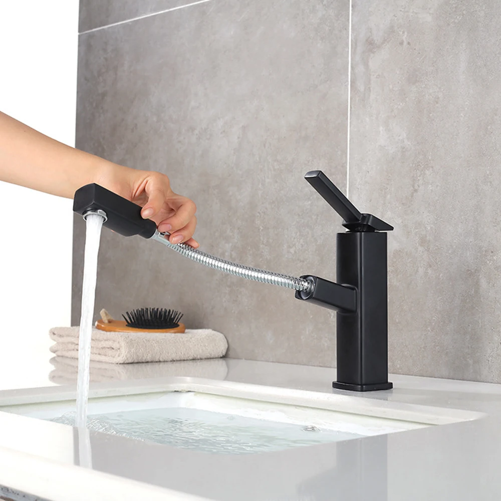 

SKOWLL Bathroom Facuet Pull Out Sprayer Deck Mount Vanity Sink Faucet Single Handle Lavatory Faucet, Matte Black PX-19