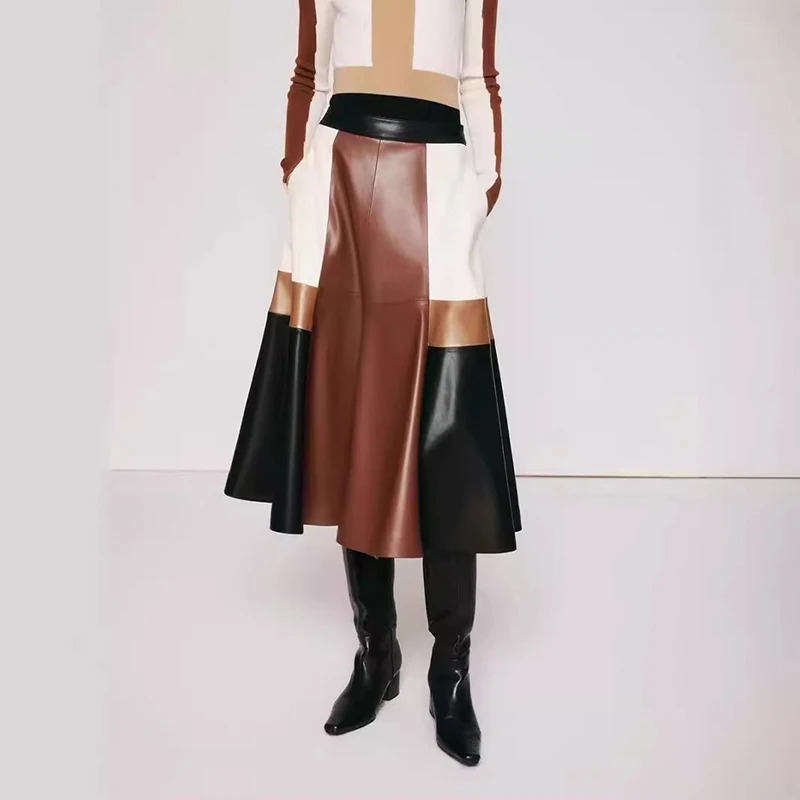 

Women’s Leather Skirt Spring Autumn Maillard Retro Contrast Color Stitching Big Swing Sheepskin Versatile Falda Larga Mujer 2024