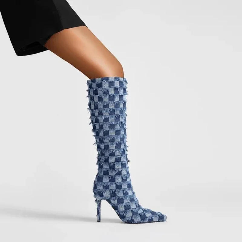 

Новинка зимы 2024, голубая женская модная удобная обувь из джинсовой ткани в западном стиле на высоком каблуке, банкетная повседневная обувь, Роскошная мягкая безопасная обувь