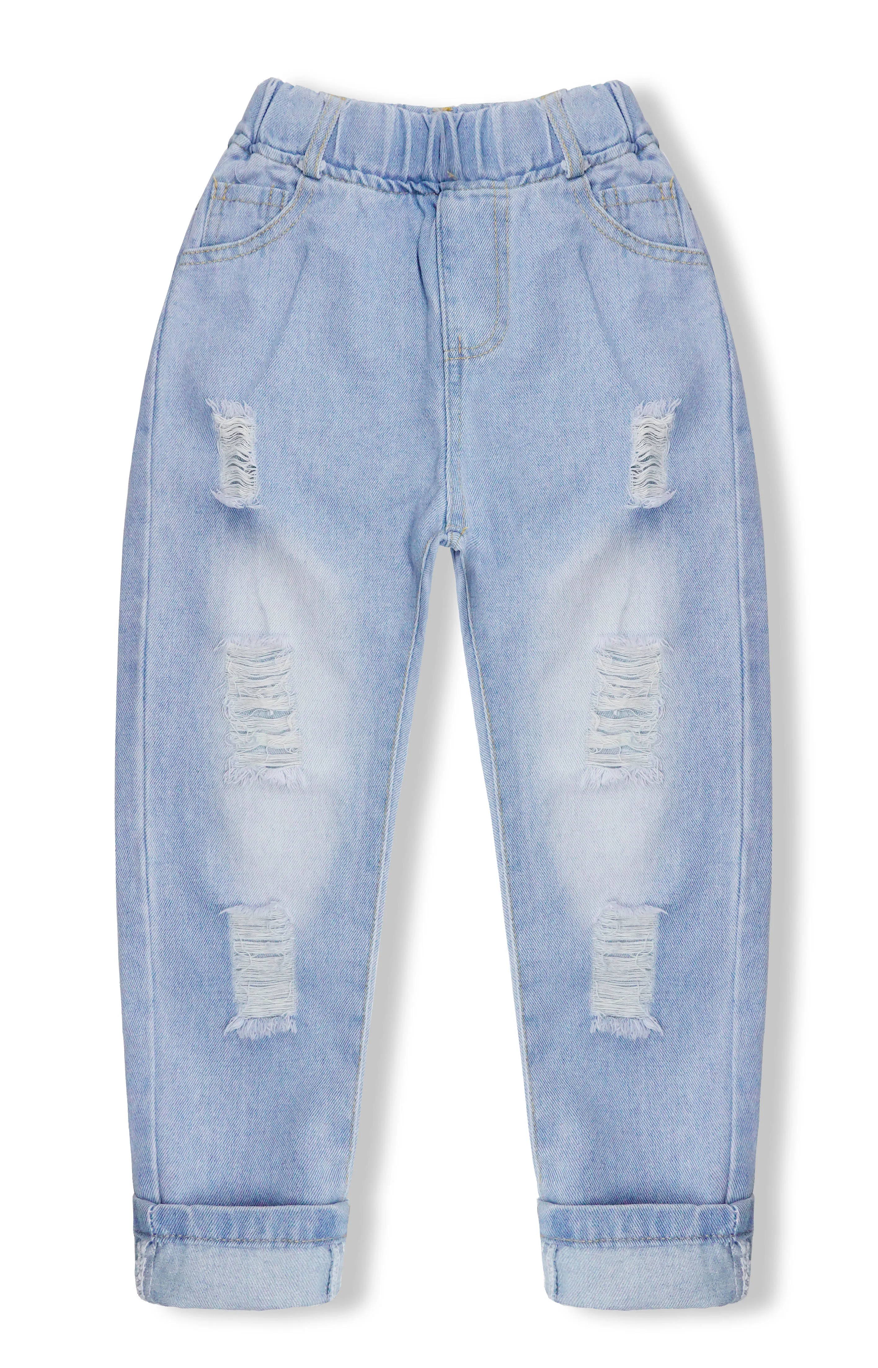 

Джинсы KIDSCOOL для мальчиков и девочек, повседневные рваные джинсовые брюки с эластичным поясом