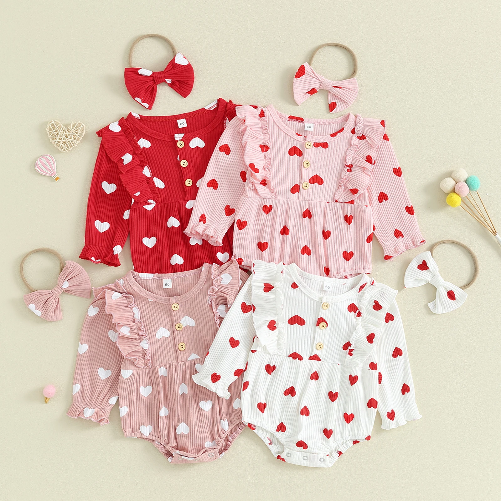 

Baby Girls Valentine's Day Outfits Knitted Ruffle Romper Long Sleeve Heart Print Button Bodysuits with Headband Sweety Clothes