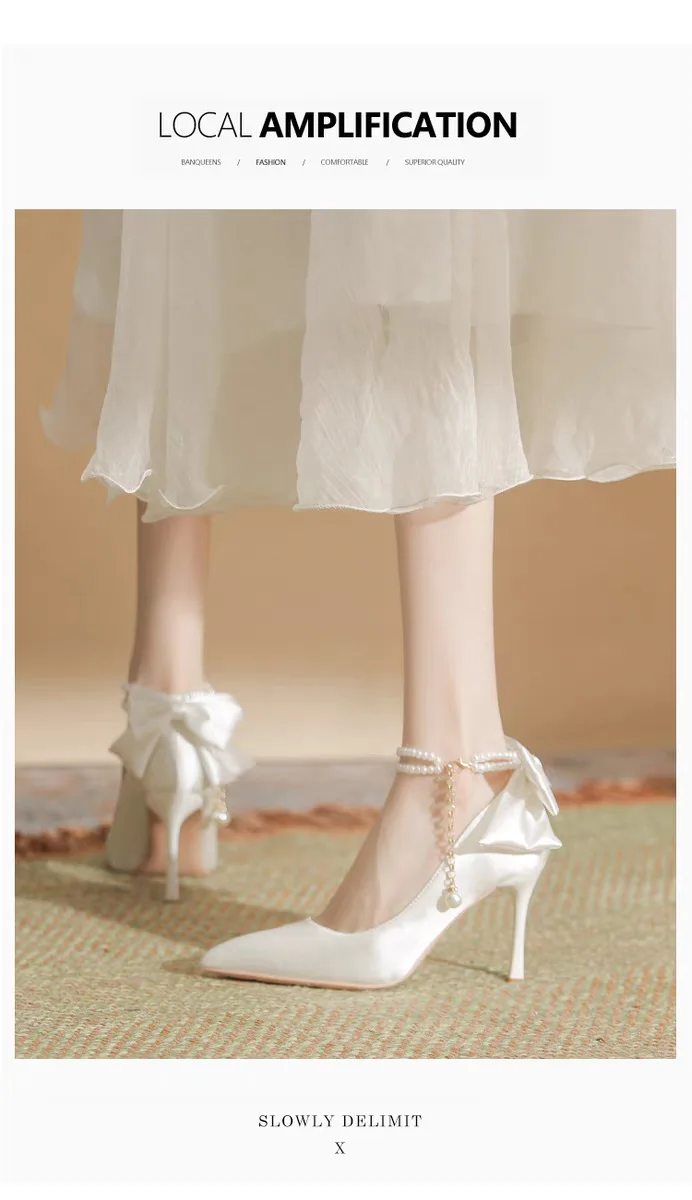 Size 35-40 Stiletto Heel Point Toe Pearls Buckle Belt 9cm High Heel Ladies Bow Satin Fabric White Wedding Shoes Women Pumps Size 35-40 Stiletto Heel Point Toe Pearls Buckle Belt 9cm High Heel Ladies Bow Satin Fabric White Wedding Shoes Women Pumps